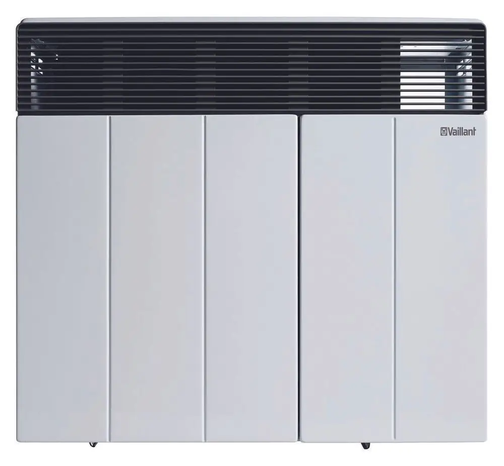 Vaillant Gas-Raumheizgerät in cremeweiß und grau, mit horizontaler Luftauslassöffnung, geeignet für den Anschluss an eine Außenwand.